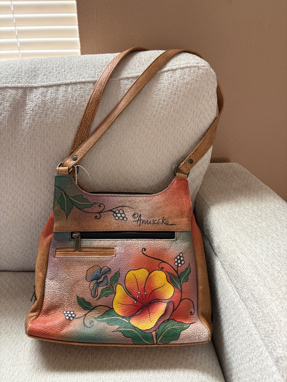 Anuschka Hand-Painted Orange Multicolor Floral Leather Shoulder Bag